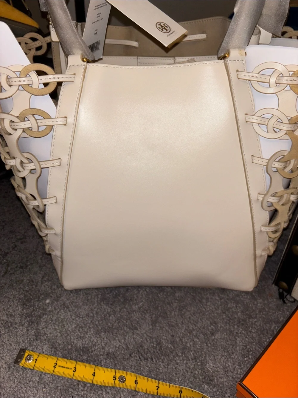 Tory Burch Cream Leather Lattice-Trim Drawstring Tote